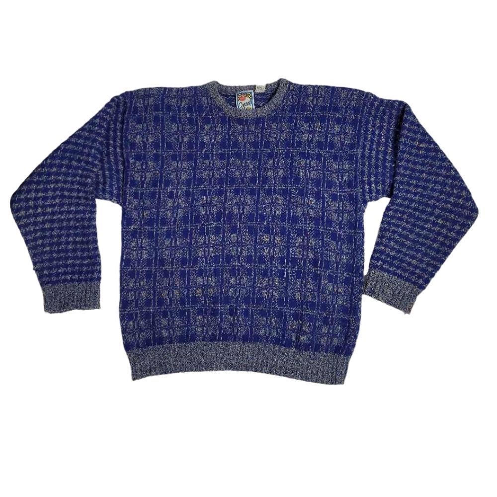 VINTAGE 80s blue multicolor crew neck pullover unisex sweater L